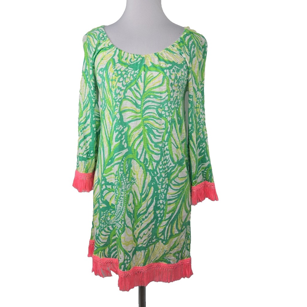 Lully Pulitzer XXS Lime Green & Pink Fringe 100% Linen Swim Cover Dress